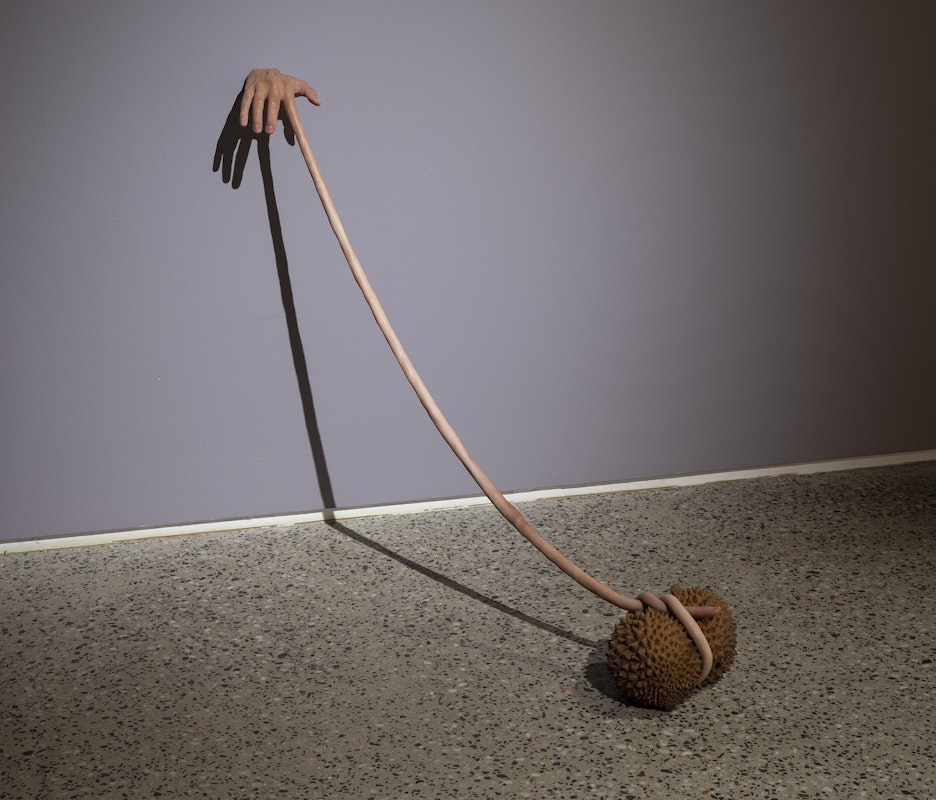 Nathan Beard, Cicerone (detail), 2025, installation view, Cicerone, Gertrude Glasshouse, Naarm Melbourne, 2025, painted silicone, steel, foam, 3D printed polylactic acid, 3D printed resin, alleged Ayutthaya period bronze, Gucci ‘Siam Glitter’ platform sandals, Siam Shimmer Swarovski Elements, Light Siam AB Swarovski Elements, Resene ‘Siam’, Little Greene ‘Thai Sapphire’, plastic orchid, acrylic nails, image courtesy the artist and FUTURES, Naarm Melbourne © the artist, photograph: Christian Capurro