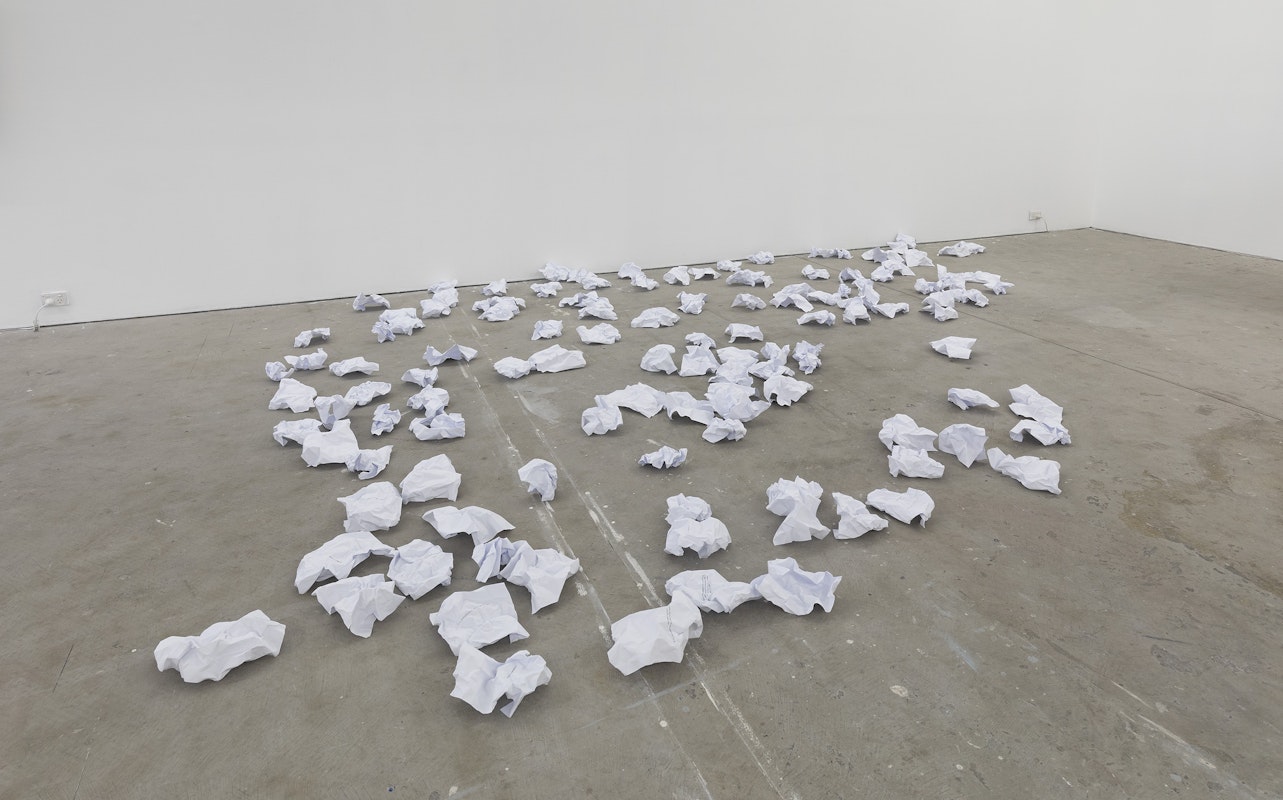 Michael Kennedy, /////131;;, 2025, installation view, Bureaucracy of Feelings, Gertrude Contemporary, Naarm Melbourne, 2025, scrunched paper, image courtesy and © the artist, photograph: Christian Capurro