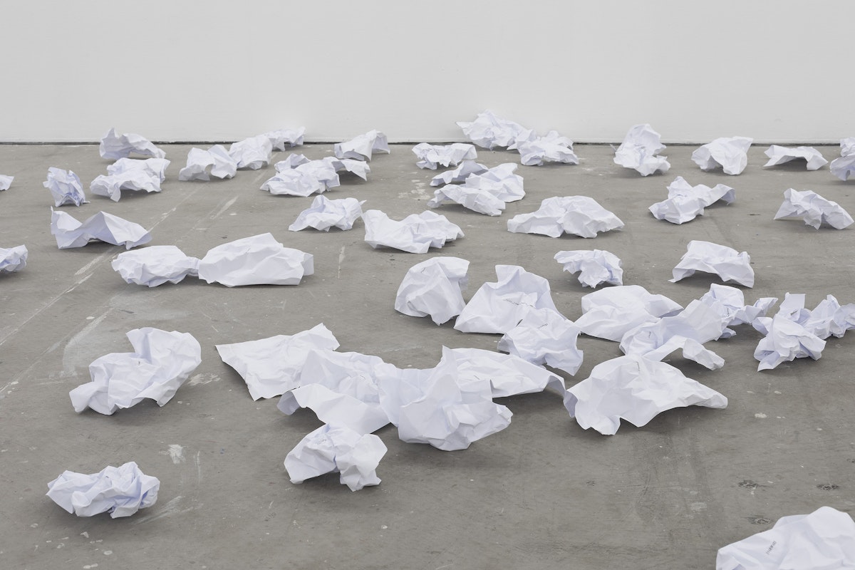 Michael Kennedy, /////131;; (detail), 2025, installation view, Bureaucracy of Feelings, Gertrude Contemporary, Naarm Melbourne, 2025, scrunched paper, , image courtesy and © the artist, photograph: Christian Capurro
