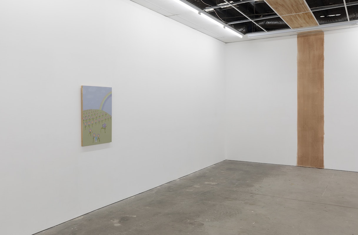 Sarah Brasier, I dream it, I work hard, I grind ‘til I own it, 2023, acrylic paint, kiln dried birch on hoop pine stretchers; Moorina Bonini, bawu marking (detail), iron bark sap, red ochre, installation view, Bureaucracy of Feelings, Gertrude Contemporary, Naarm Melbourne, image courtesy and © the artists, photograph: Christian Capurro