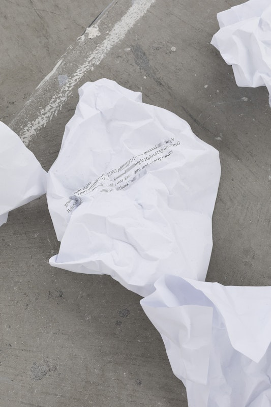 Michael Kennedy, /////131;; (detail), 2025, installation view, Bureaucracy of Feelings, Gertrude Contemporary, Naarm Melbourne, 2025, scrunched paper, , image courtesy and © the artist, photograph: Christian Capurro