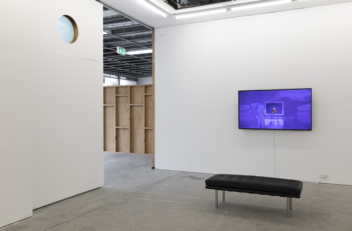 John Elcatsha, Observer / Al-Manazir 1 & 2 (detail), 2024, glass; Sophie Penkethman-Young, In Progress: The Wait of Expectation 2022, video, sound, installation view, Bureaucracy of Feelings, Gertrude Contemporary, Naarm Melbourne, 2025, image courtesy and © the artists, photograph: Christian Capurro