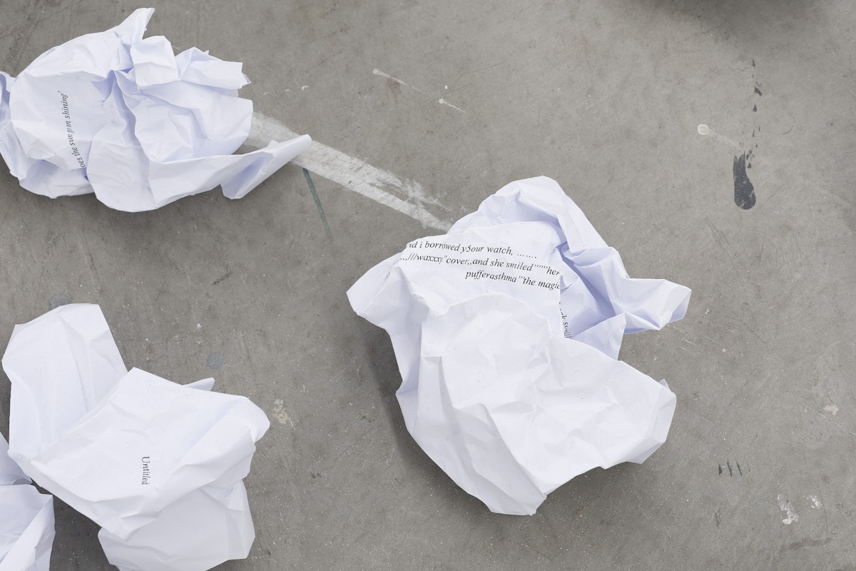 Michael Kennedy, /////131;; (detail), 2025, installation view, Bureaucracy of Feelings, Gertrude Contemporary, Naarm Melbourne, 2025, scrunched paper, , image courtesy and © the artist, photograph: Christian Capurro