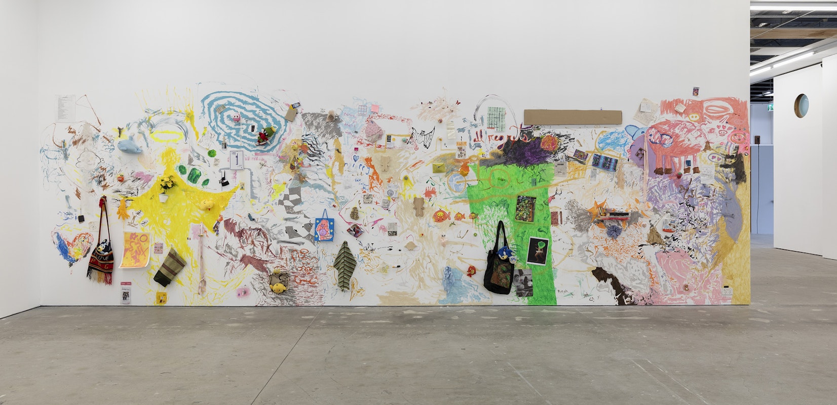 Jemi Gale, trying to find evidence i’m not alone, 2025, installation view, Bureaucracy of Feelings, Gertrude Contemporary, Naarm Melbourne, 2025, wall painting, collage, found and gifted objects, image courtesy the artist and Mary Cherry Contemporary, Naarm Melbourne © the artist, photograph: Christian Capurro