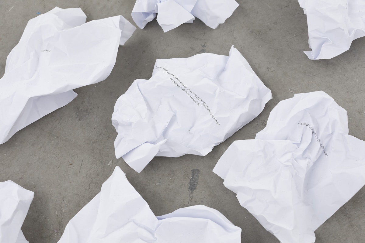 Michael Kennedy, /////131;; (detail), 2025, installation view, Bureaucracy of Feelings, Gertrude Contemporary, Naarm Melbourne, 2025, scrunched paper, , image courtesy and © the artist, photograph: Christian Capurro