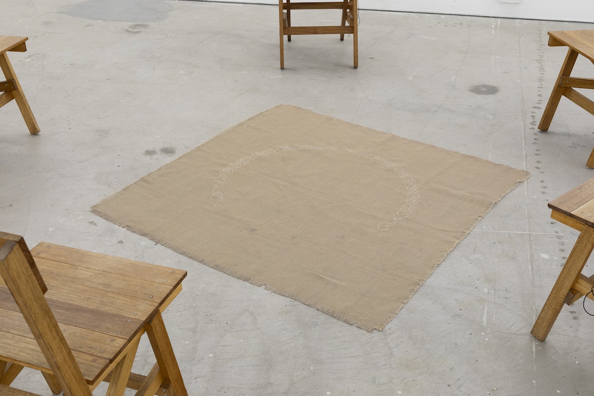 Thea Jones, Wagga blanket (celtic knot), 2021, installation view, Bureaucracy of Feelings, Gertrude Contemporary, Naarm Melbourne, 2025, hessian, handspun alpaca, blackberry dye, image courtesy and © the artists, photograph: Christian Capurro