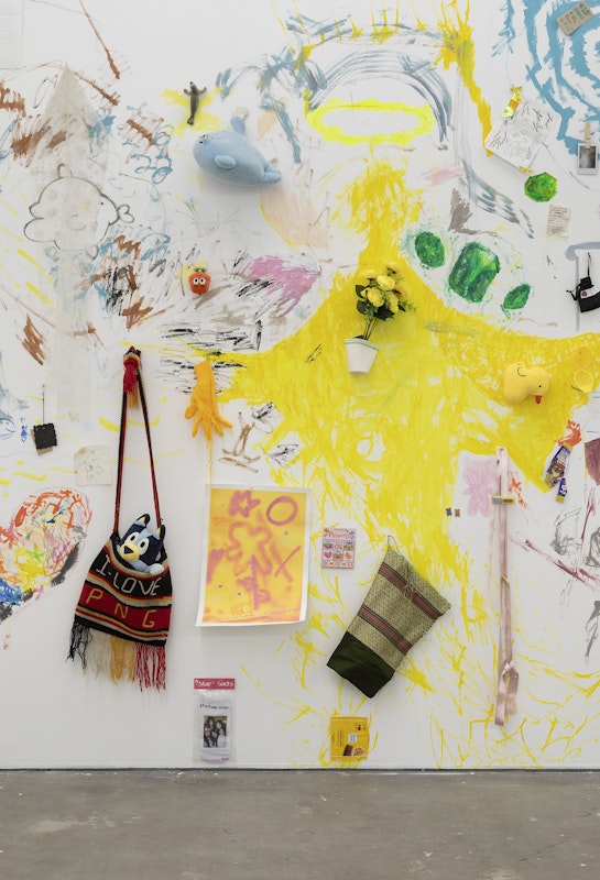 Jemi Gale, trying to find evidence i’m not alone (detail), 2025, installation view, Bureaucracy of Feelings, Gertrude Contemporary, Naarm Melbourne, 2025, wall painting, collage, found and gifted objects, image courtesy the artist and Mary Cherry Contemporary, Naarm Melbourne © the artist, photograph: Christian Capurro