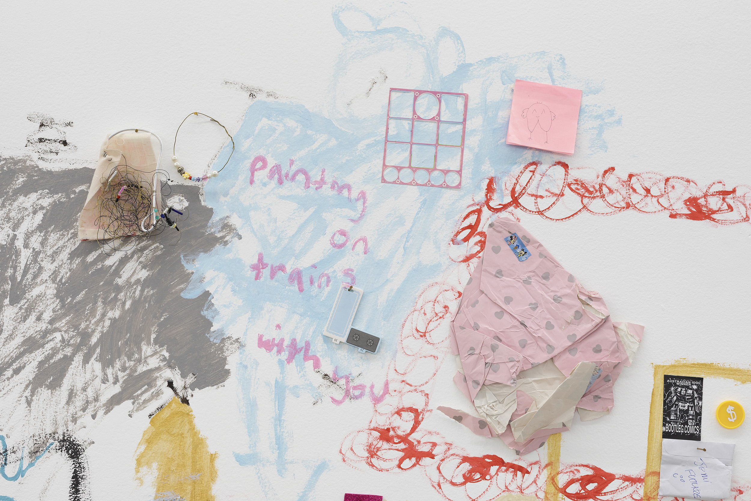Jemi Gale, trying to find evidence i’m not alone (detail), 2025, installation view, Bureaucracy of Feelings, Gertrude Contemporary, Naarm Melbourne, 2025, wall painting, collage, found and gifted objects, image courtesy the artist and Mary Cherry Contemporary, Naarm Melbourne © the artist, photograph: Christian Capurro