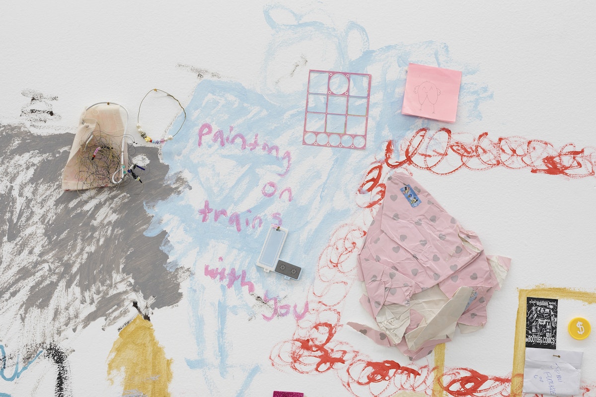 Jemi Gale, trying to find evidence i’m not alone (detail), 2025, installation view, Bureaucracy of Feelings, Gertrude Contemporary, Naarm Melbourne, 2025, wall painting, collage, found and gifted objects, image courtesy the artist and Mary Cherry Contemporary, Naarm Melbourne © the artist, photograph: Christian Capurro