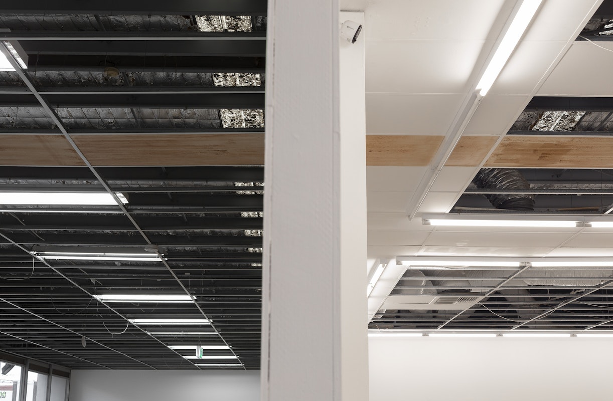 Moorina Bonini, bawu marking (detail), installation view, Bureaucracy of Feelings, Gertrude Contemporary, Naarm Melbourne, 2025, iron bark sap, red ochre, image courtesy and © the artist, photograph: Christian Capurro
