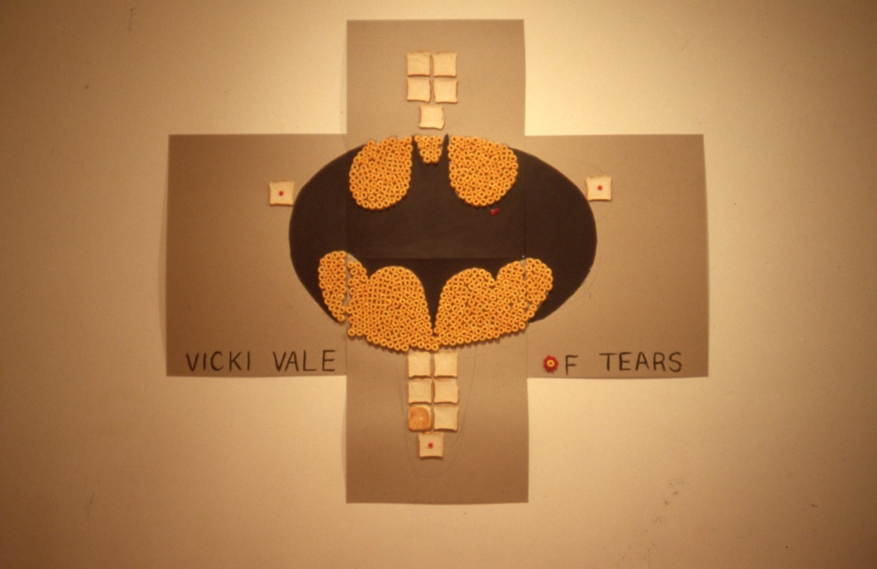 Linda Marrinon and Ralph Rraviato, Vicki Vale of Tears, 1989, Strawboard, oil paint, and food, approx. 150x150cm. Image courtesy of Gertrude Archive.