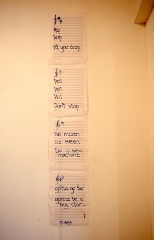 John Bartlett and Natasha Moszenin, Hip Hop Haiku, 1989, big white paper, each piece 110x42cm. Image courtesy of Gertrude Archive.