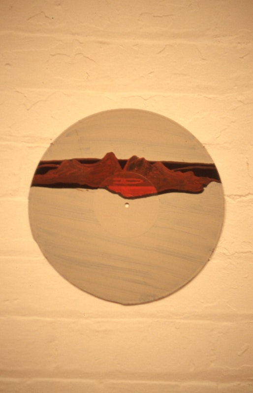 Geoff Lowe, Jon Campbell, and Kevin Murray, Asia - 5 Records (detail, Record 3), 1989, art materials on records, No.2 shellac, 30cm diameter. Image courtesy of Gertrude Archive.