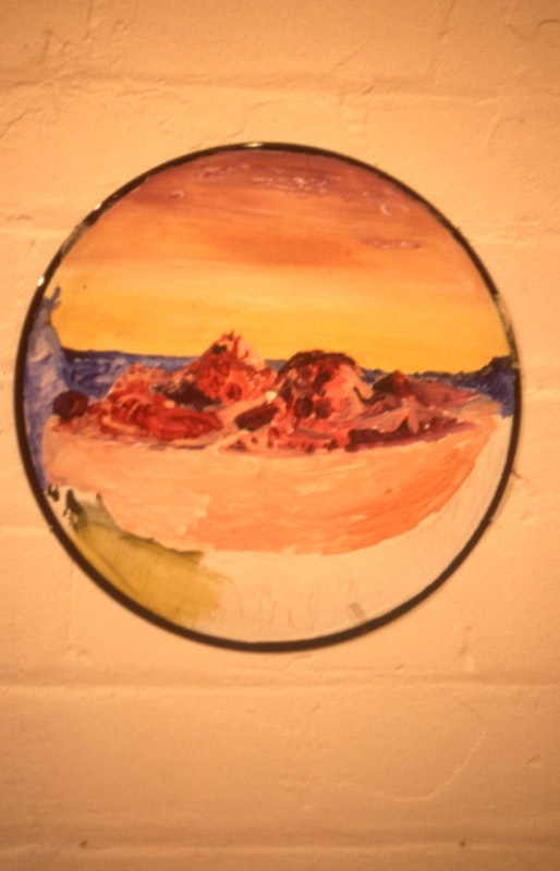 Geoff Lowe, Jon Campbell, and Kevin Murray, Asia - 5 Records (detail, Record 5), 1989, art materials on records, No.2 shellac, 30cm diameter. Image courtesy of Gertrude Archive.