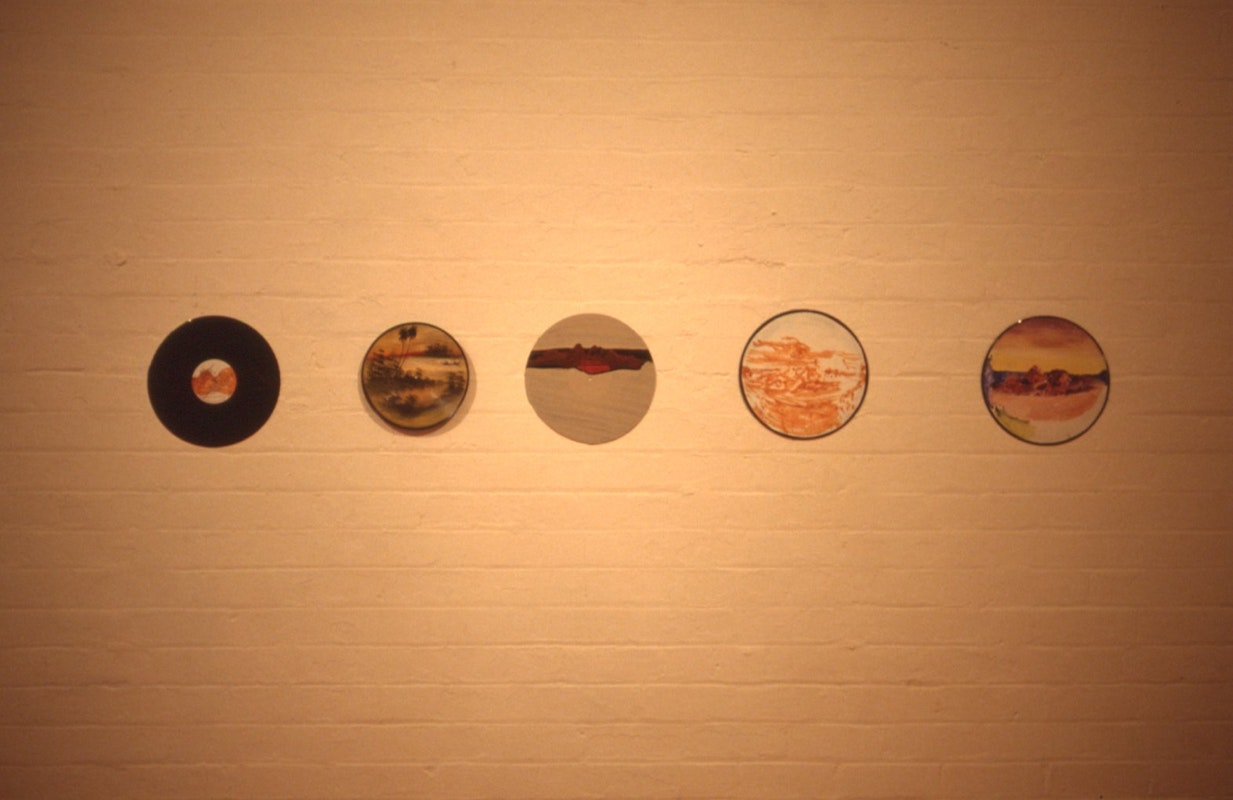 Geoff Lowe, Jon Campbell, and Kevin Murray, Asia - 5 Records, 1989, art materials on records, No.2 shellac, 30cm diameter. Image courtesy of Gertrude Archive.