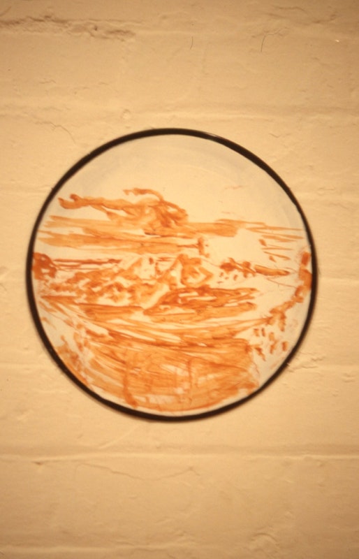 Geoff Lowe, Jon Campbell, and Kevin Murray, Asia - 5 Records (detail, Record 4), 1989, art materials on records, No.2 shellac, 30cm diameter. Image courtesy of Gertrude Archive.