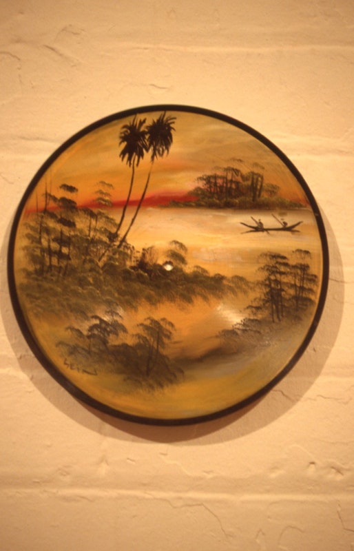 Geoff Lowe, Jon Campbell, and Kevin Murray, Asia - 5 Records (detail, Record 2), 1989, art materials on records, No.2 shellac, 24.5cm diameter. Image courtesy of Gertrude Archive.