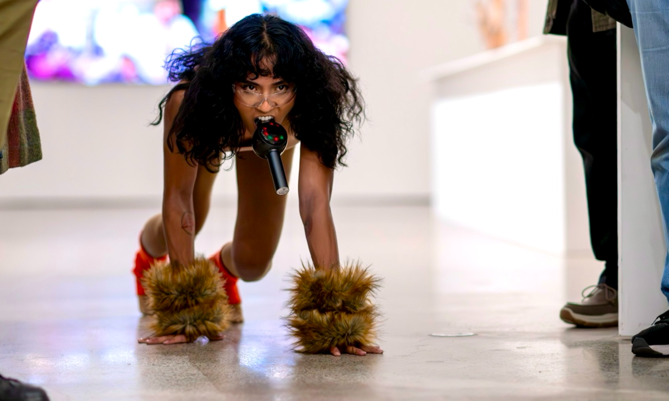 Ari Angkasa, TENS (2023), performance documentation, DEMO 1/4: Up late at the Judith Wright Arts Centre, Institute of Modern Art, Meanjin Brisbane, 2025. Photo by Lewis James Bin Doraho