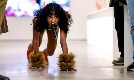 Ari Angkasa, TENS (2023), performance documentation, DEMO 1/4: Up late at the Judith Wright Arts Centre, Institute of Modern Art, Meanjin Brisbane, 2025. Photo by Lewis James Bin Doraho