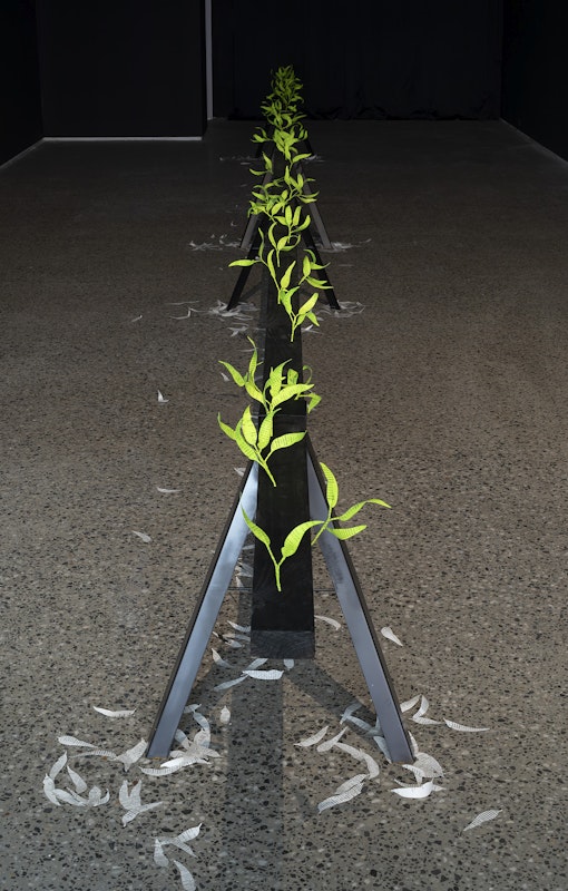 Jenna Lee, Burn before reading, 2025, pages of Aboriginal Words and Place Names, calligraphy ink, florist wire, glue; Loose leaf (litter), 2025 pages of Aboriginal Words and Place Names, installation view, Burn Before Reading, Gertrude Glasshouse, Naarm Melbourne, 2025, image courtesy of the artist and MARS Gallery, Naarm Melbourne © the artist, photograph: Christian Capurro