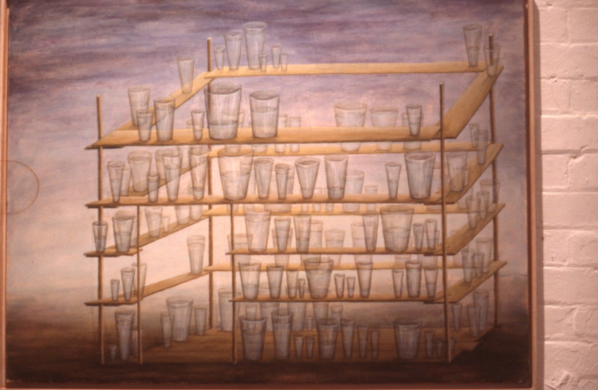 Rosslynd Piggott, Glasses of Water or A Room Wih Four Walls of Glasses of Water, 1986, oil on canvas, 91x122cm. Image courtesy of Gertrude Archive.