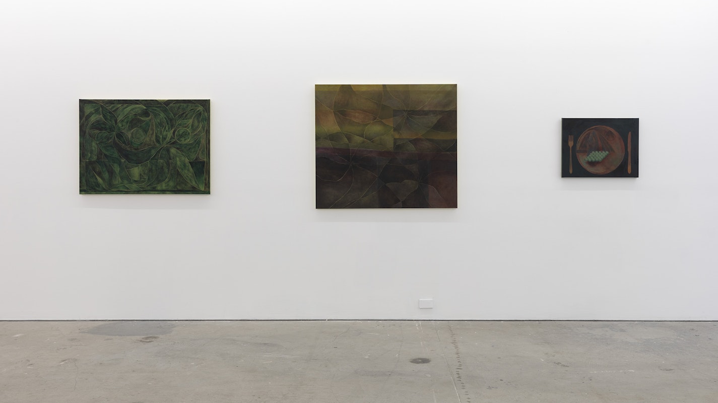 David Egan, Meaning gathers up; I don’t want to look it up anymore; Chopping wood for practise, 2025, oil on canvas, installation view, Various Small Fires, Gertrude Contemporary, Naarm Melbourne, 2025, image courtesy and © the artist, photograph: Christian Capurro