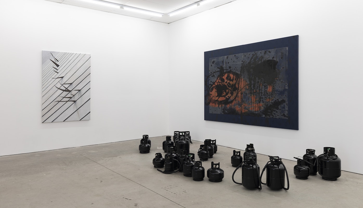 Yusi Zang, Godzilla, 2024, oil on canvas; Alexandra Peters, Midnight Hammer, 2025, acrylic, pigment and water-based ink with screen-print medium and paste on vinyl, enamel, canister, arguileh hose, installation view, Various Small Fires, Gertrude Contemporary, Naarm Melbourne, 2025, image courtesy and © the artists, photograph: Christian Capurro