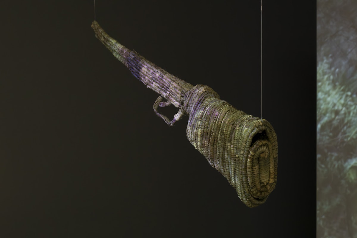 Gabi Briggs, GEDYURA (detail), 2024, installation view, Various Small Fires, Gertrude Contemporary, Naarm Melbourne, 2025, lomandra, wood, wire, single-channel video, colour, silent, image courtesy and © the artist, photograph: Christian Capurro