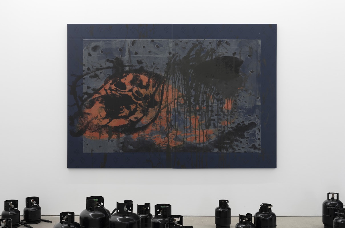 Alexandra Peters, Midnight Hammer, 2025, installation view, Various Small Fires, Gertrude Contemporary, Naarm Melbourne, 2025, acrylic, pigment and water-based ink with screen-print medium and paste on vinyl, enamel, canister, arguileh hose, image courtesy of the artist and PALAS, Sydney © the artist, photograph: Christian Capurro