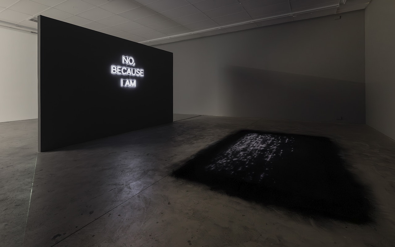 Chunxiao Qu, NO, BECAUSE I AM, 2025, LED neon, transparent acrylic; Moorina Bonini, na-nanyak (to dream), installation view, Various Small Fires, Gertrude Contemporary, Naarm Melbourne, 2025, image courtesy and © the artists, photograph: Christian Capurro