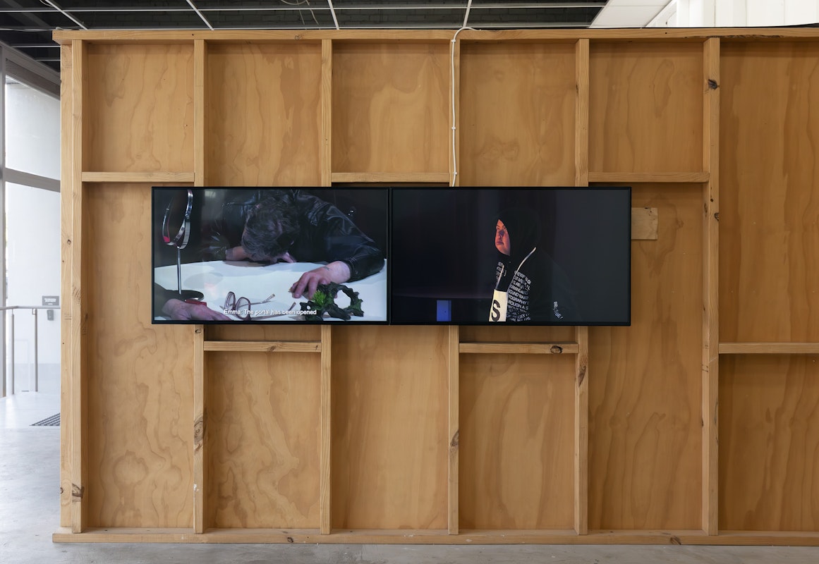 Rebecca Jensen, THE SUN IS NOT FUN (Flesh Mirror reflected), 2025, installation view, Various Small Fires, Gertrude Contemporary, Naarm Melbourne, 2025, two-channel video, colour, sound, image courtesy and © the artist, photograph: Christian Capurro