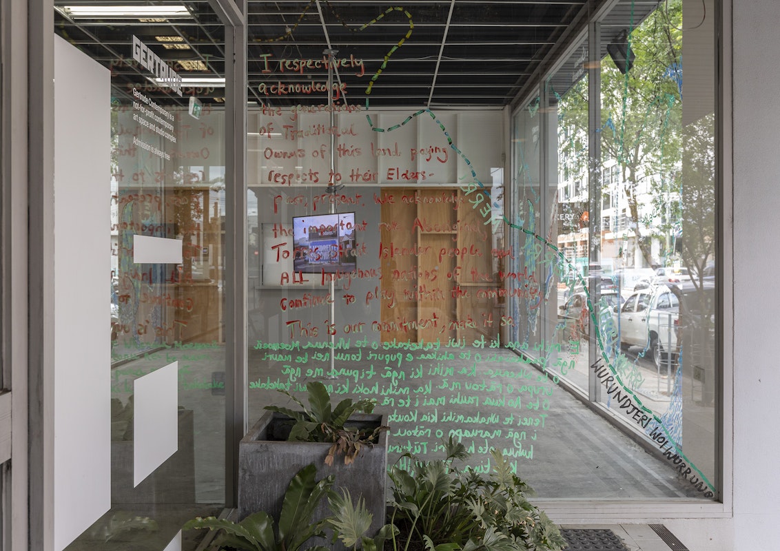 Renee Cosgrave in collaboration with Akuira, Amorangi, Jasmine Morrish, Rachel Boyd, Angela Cooper-Naresh, Anahera Neho-Cooper, Waru Cooper, Christo Crocker, Lisa Manawa Grocott, Helena Hapeta, Bronwyn Kara, Julien Te Purei Comer-Kleine, Errol MacKinven Hunt, Heneriata Paringatai, Watere Tahi, Irihipeti Waretini and our Kirrip (Bun Wurrung Balug), Ngā awa whina o te whakapapa (The braided rivers of whakapapa), 2025, installation view, Various Small Fires, Gertrude Contemporary, Naarm Melbourne, 2025, acrylic and chalk on window, image courtesy and © the artists, photograph: Christian Capurro