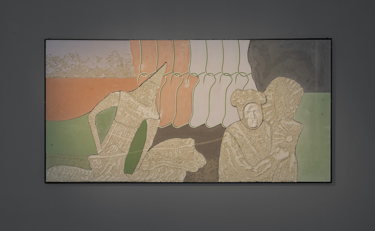 Tarik Ahlip, On Her Return (facial burns and a garland of flowers), 2025, plaster, pigment and sand; view, Various Small Fires, Gertrude Contemporary, Naarm Melbourne, 2025, lomandra, wood, wire, single-channel video, colour, silent, image courtesy and © the artist, photograph: Christian Capurro