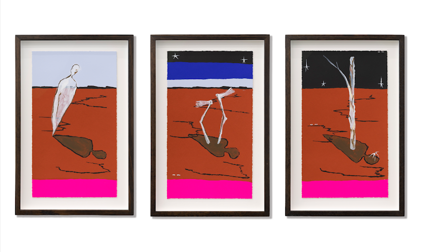 Mia Boe, When daylight fades and night invades: The shadow, The portal, The return, 2025, installation view, colour screen-print on BFK Rives 300 GSM, painted gouache elements, Editions of 15, courtesy of the artist, Sutton Gallery, Naarm Melbourne; and Roslyn Oxley9 Gallery, Sydney, © the artist, photography: Christian Capurro