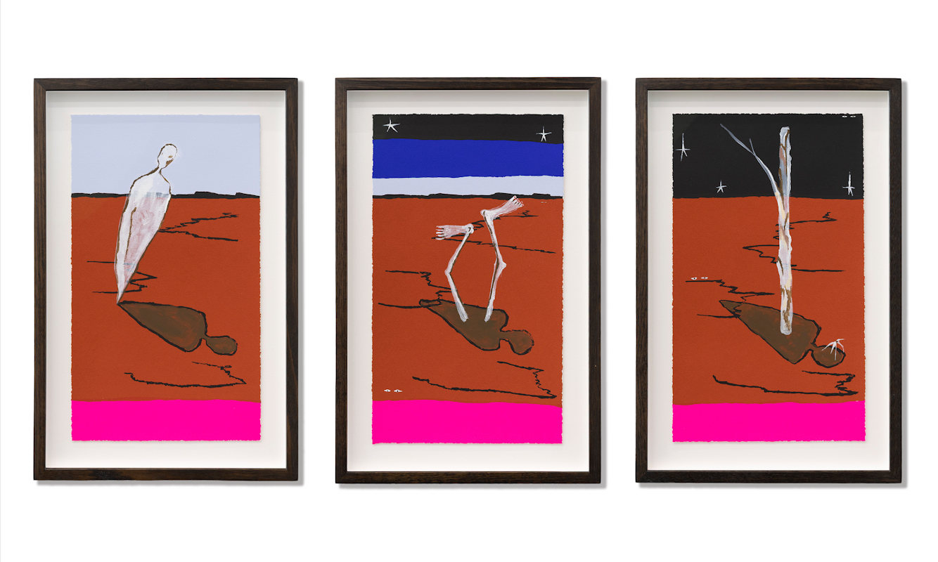 Mia Boe, When daylight fades and night invades: The shadow, The portal, The return, 2025, installation view, colour screen-print on BFK Rives 300 GSM, painted gouache elements, Editions of 15, courtesy of the artist, Sutton Gallery, Naarm Melbourne; and Roslyn Oxley9 Gallery, Sydney, © the artist, photography: Christian Capurro