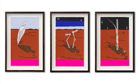 Mia Boe, When daylight fades and night invades: The shadow, The portal, The return, 2025, installation view, colour screen-print on BFK Rives 300 GSM, painted gouache elements, Editions of 15, courtesy of the artist, Sutton Gallery, Naarm Melbourne; and Roslyn Oxley9 Gallery, Sydney, © the artist, photography: Christian Capurro