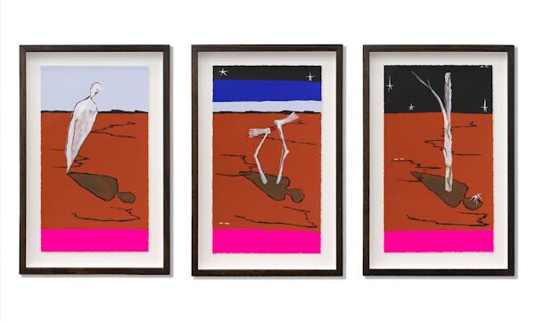 Mia Boe, When daylight fades and night invades: The shadow, The portal, The return, 2025, installation view, colour screen-print on BFK Rives 300 GSM, painted gouache elements, Editions of 15, courtesy of the artist, Sutton Gallery, Naarm Melbourne; and Roslyn Oxley9 Gallery, Sydney, © the artist, photography: Christian Capurro