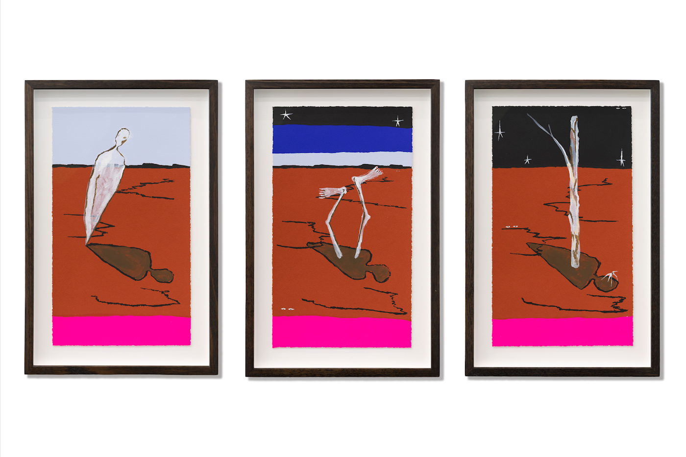 Mia Boe, When daylight fades and night invades: The shadow, The portal, The return, 2025, installation view, colour screen-print on BFK Rives 300 GSM, painted gouache elements, Editions of 15, courtesy of the artist, Sutton Gallery, Naarm Melbourne; and Roslyn Oxley9 Gallery, Sydney, © the artist, photography: Christian Capurro