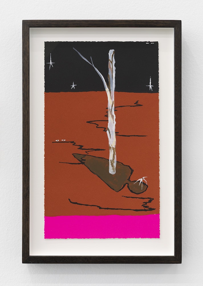 Mia Boe, When daylight fades and night invades: The return, 2025, installation view, colour screen-print on BFK Rives 300 GSM, painted gouache elements, Editions of 15, courtesy of the artist, Sutton Gallery, Naarm Melbourne; and Roslyn Oxley9 Gallery, Sydney, © the artist, photography: Christian Capurro