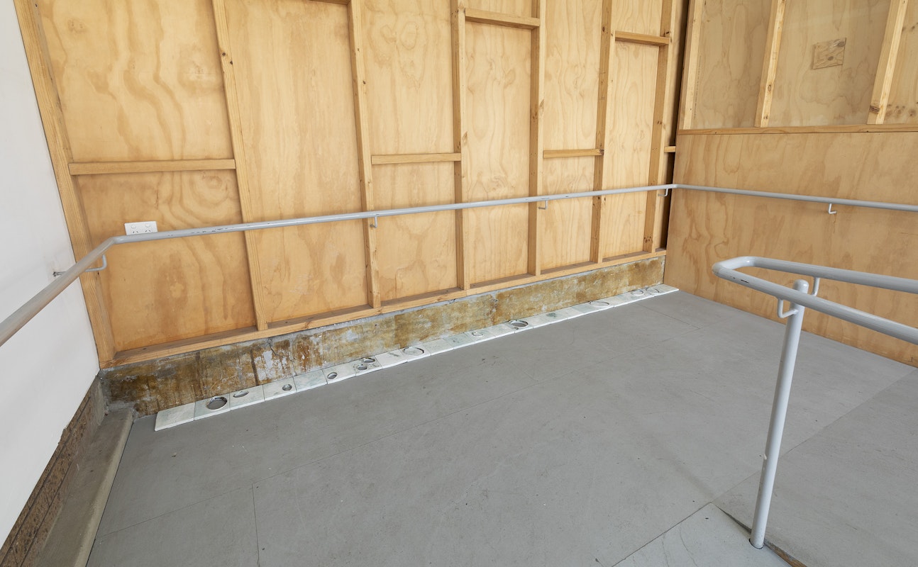 Cindy Huang, Kitchen Hall Glimmer, 2026, installation view, Landings, Gertrude Contemporary, Naarm Melbourne, 2026, glazed porcelain, blackfoot pāua, bluefoot pāua, crab shells, crayfish shells, geoduck shells, mussel shells, oyster shells, storm clam shells, 66 parts, , image courtesy of the artist and Sumer, Tāmaki Makaurau Auckland © the artist, photograph: Christian Capurro