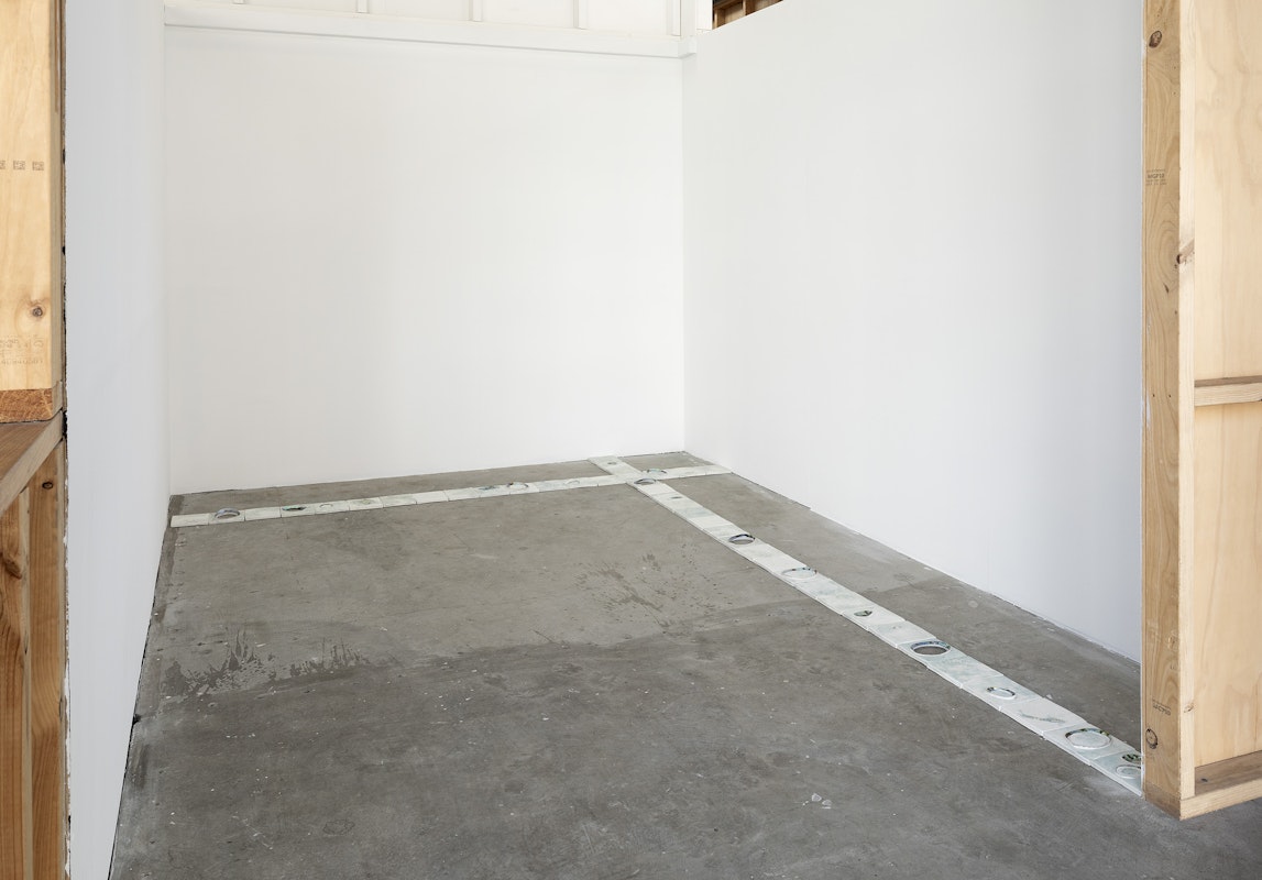 Cindy Huang, Kitchen Hall Glimmer, 2026, installation view, Landings, Gertrude Contemporary, Naarm Melbourne, 2026, glazed porcelain, blackfoot pāua, bluefoot pāua, crab shells, crayfish shells, geoduck shells, mussel shells, oyster shells, storm clam shells, 66 parts, , image courtesy of the artist and Sumer, Tāmaki Makaurau Auckland © the artist, photograph: Christian Capurro