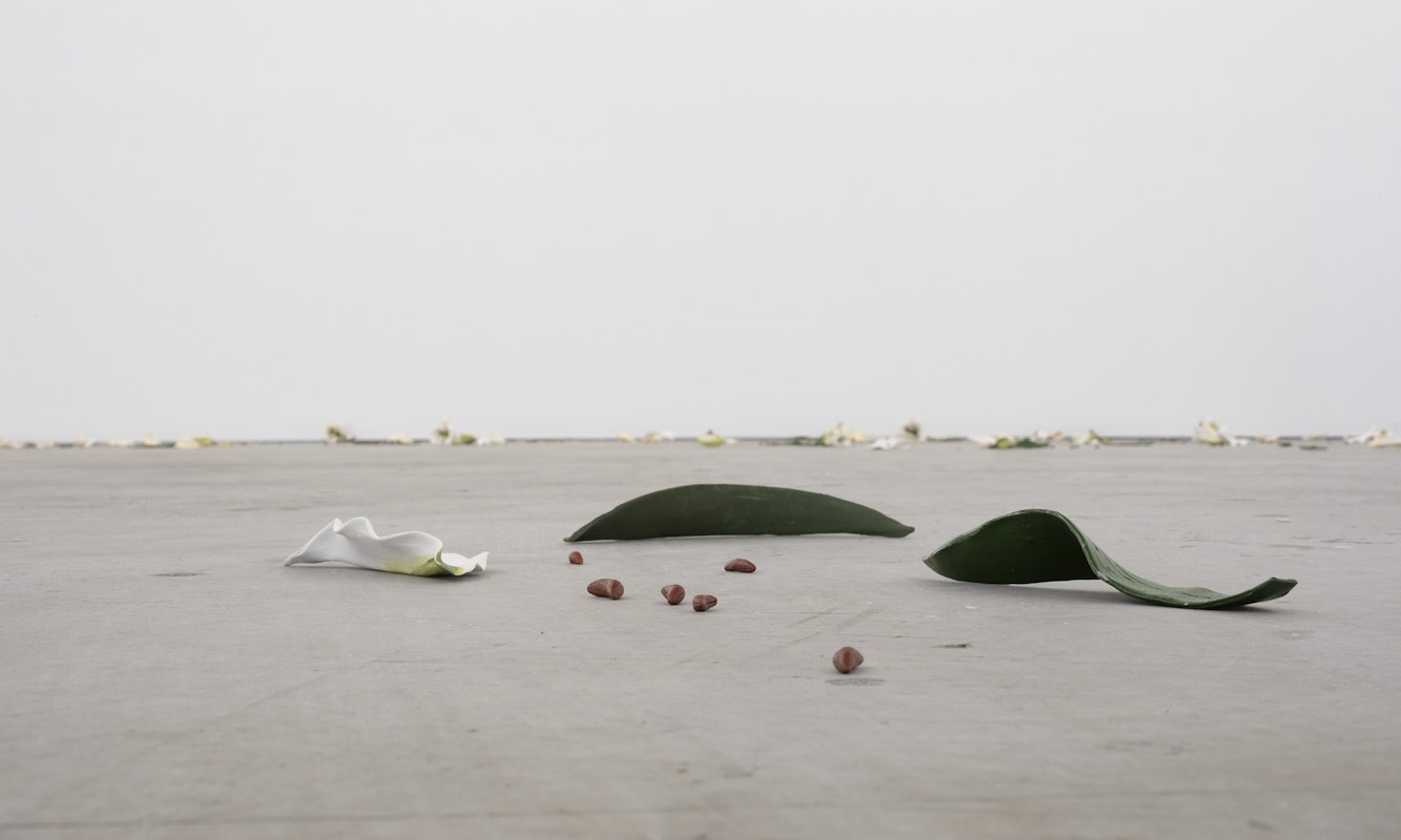 Cindy Huang, Tracing a gilded trail, 2023, installation view, Landings, Gertrude Contemporary, Naarm Melbourne, 2025, glazed porcelain, 1000 parts, image courtesy of the artist and Sumer, Tāmaki Makaurau Auckland © the artist, photograph: Christian Capurro