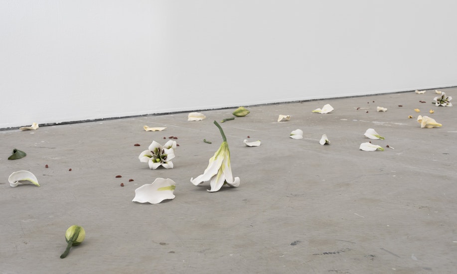 Cindy Huang, Tracing a gilded trail, 2023, installation view, Landings, Gertrude Contemporary, Naarm Melbourne, 2025, glazed porcelain, 1000 parts, image courtesy of the artist and Sumer, Tāmaki Makaurau Auckland © the artist, photograph: Christian Capurro