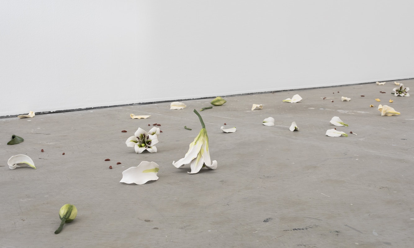 Cindy Huang, Tracing a gilded trail, 2023, installation view, Landings, Gertrude Contemporary, Naarm Melbourne, 2025, glazed porcelain, 1000 parts, image courtesy of the artist and Sumer, Tāmaki Makaurau Auckland © the artist, photograph: Christian Capurro