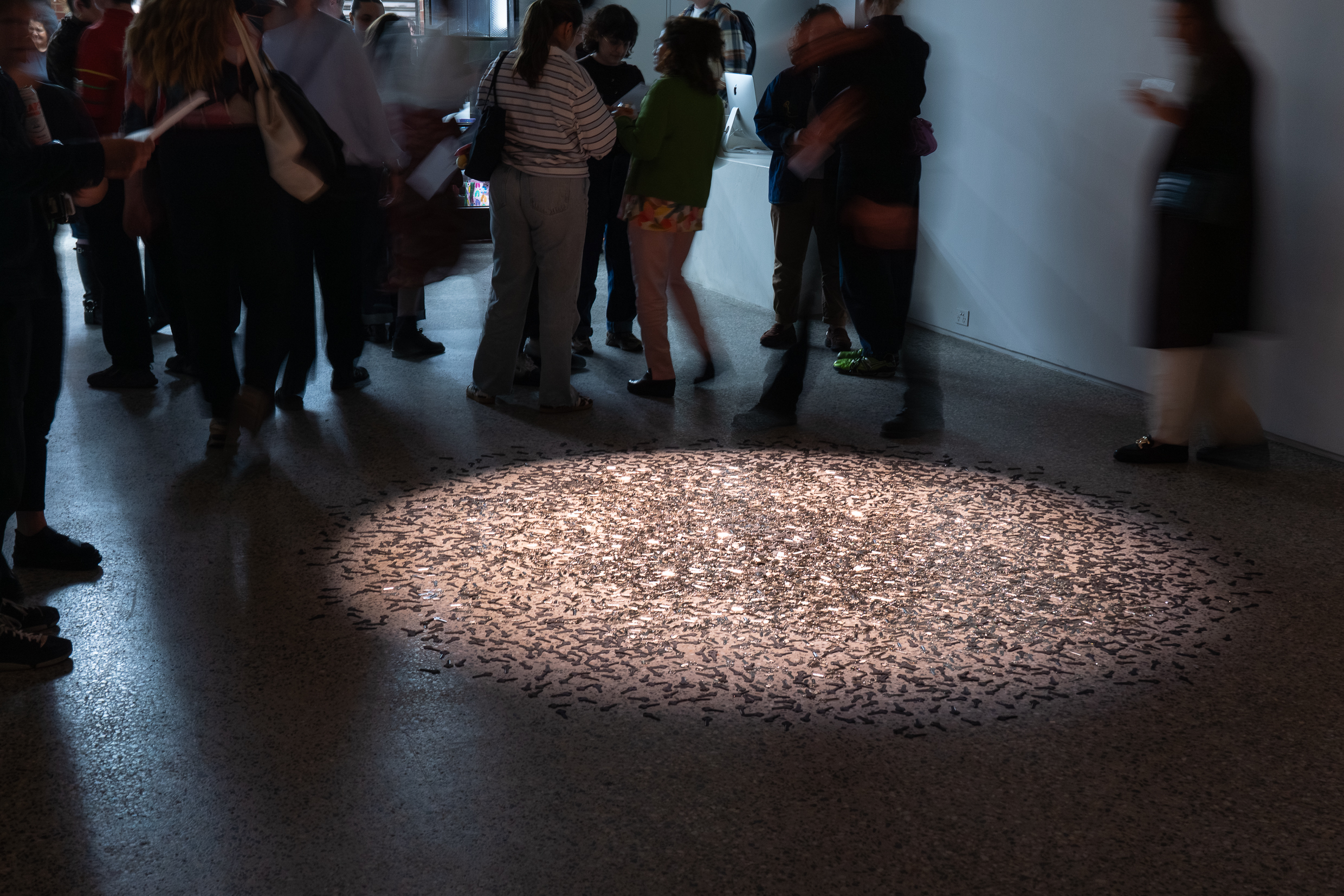 Moorina Bonini, We Were Never Meant to be Contained, hand engraved keys, sound 5:36 mins, audience view, We Were Never Meant to be Contained, Gertrude Glasshouse, Naarm Melbourne, 2026, image courtesy and © the artist, photograph: Machiko Abe