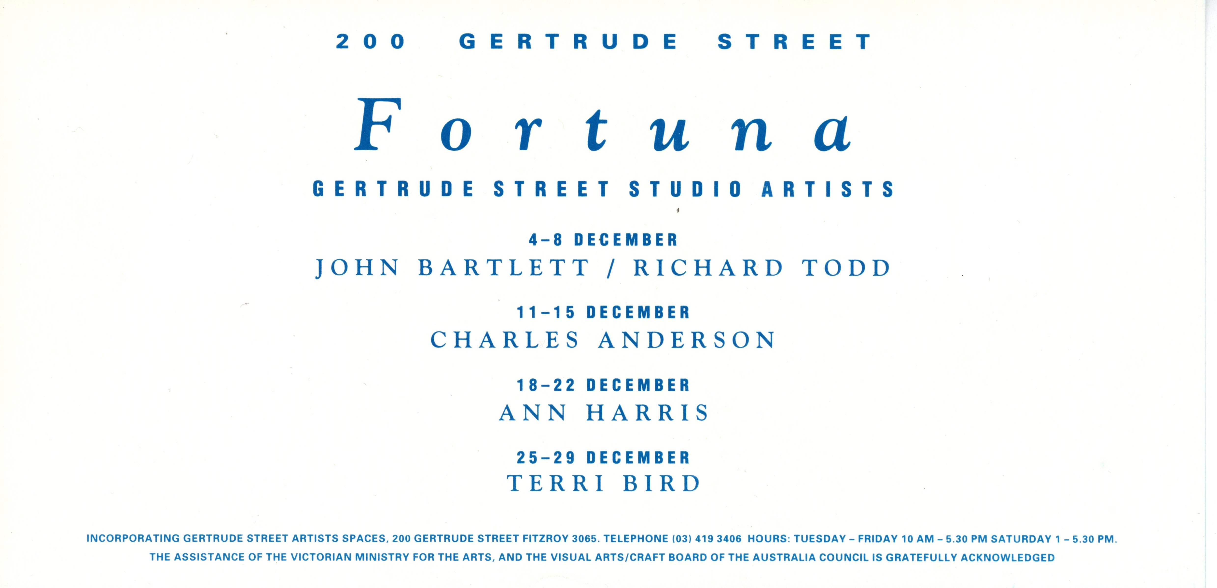 Gertrude Street Studio Artists: Fortuna, 2 November – 29 December 1990, exhibition ephemera, courtesy of the Gertrude Archive.