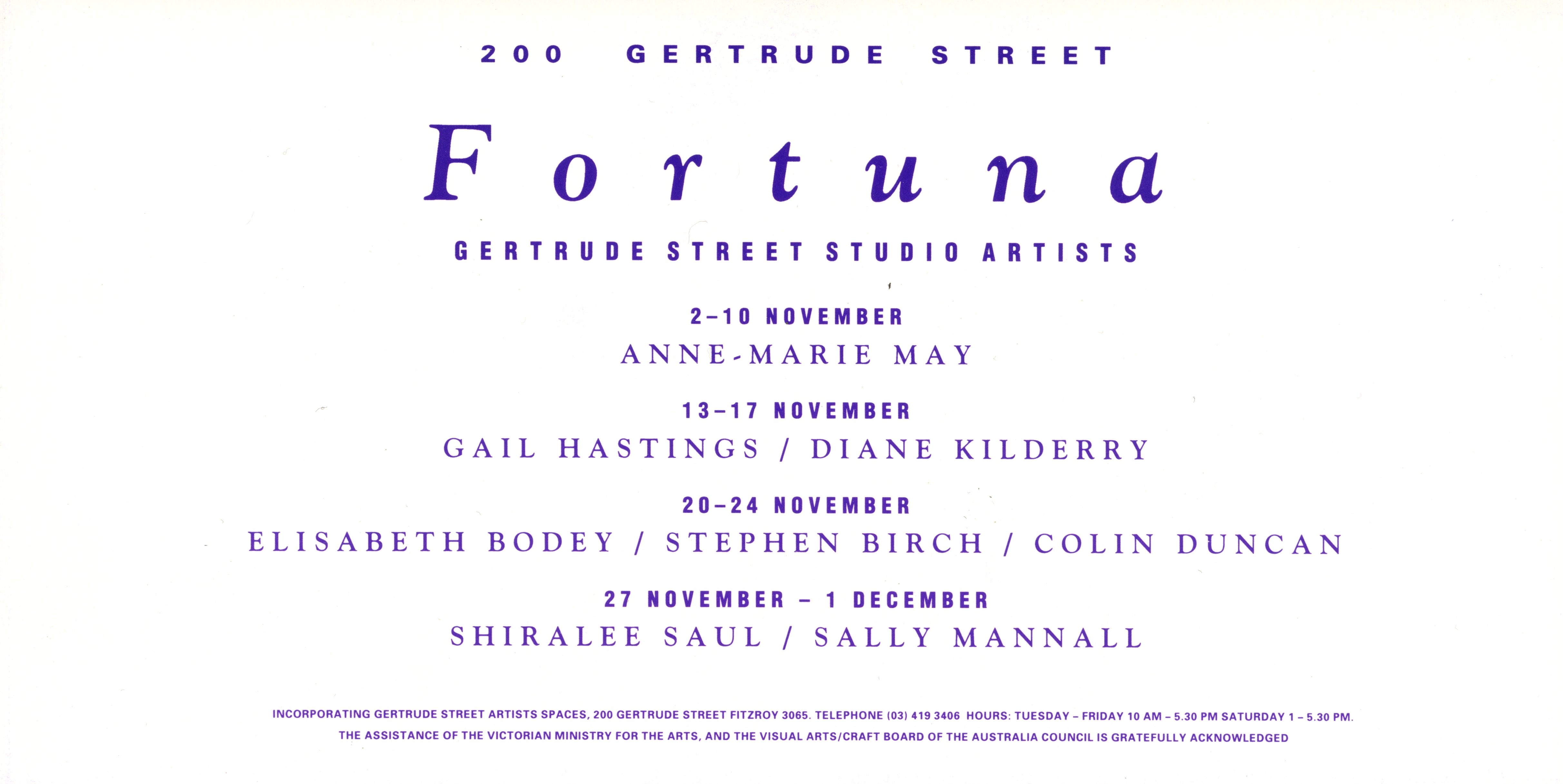 Gertrude Street Studio Artists: Fortuna, 2 November &ndash; 29 December 1990, exhibition ephemera, courtesy of the Gertrude Archive.