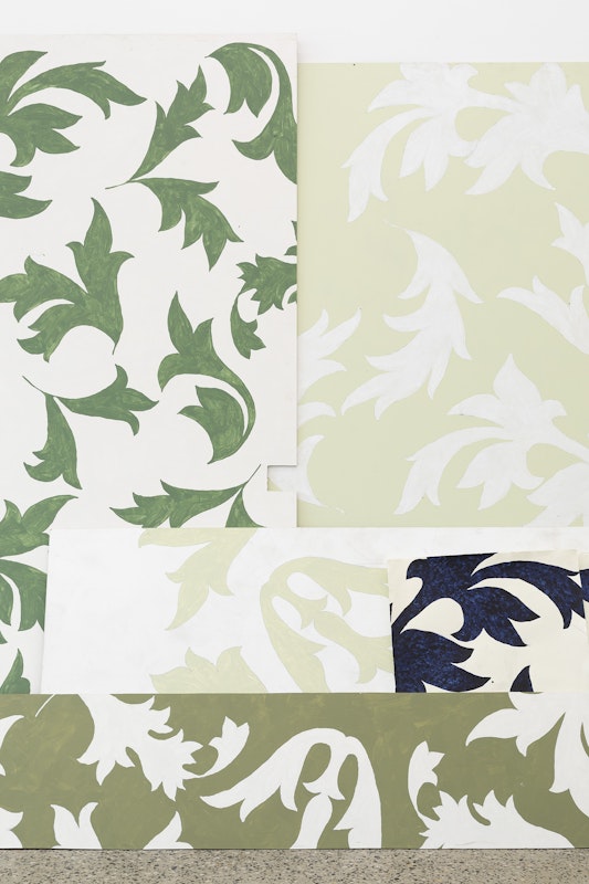 Grace Culley, leaves (detail), 2026, acrylic paint, biro pen, graphite pencil on recycled MDF & shellac ink on cotton rag paper, dimensions variable, Get Away, Gertrude Glasshouse, Naarm, Melbourne, 2026, image courtesy and © the artist, photograph: Christian Cappurro