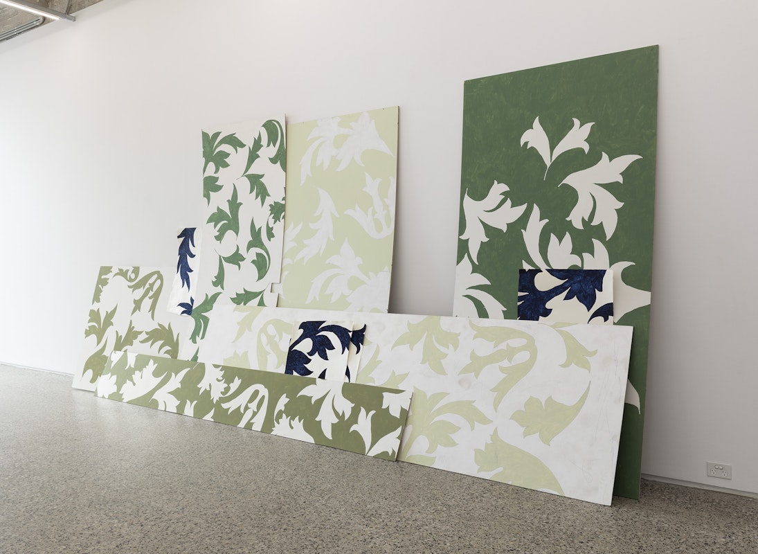 Grace Culley, leaves, 2026, acrylic paint, biro pen, graphite pencil on recycled MDF & shellac ink on cotton rag paper, dimensions variable, Get Away, Gertrude Glasshouse, Naarm, Melbourne, 2026, image courtesy and © the artist, photograph: Christian Cappurro