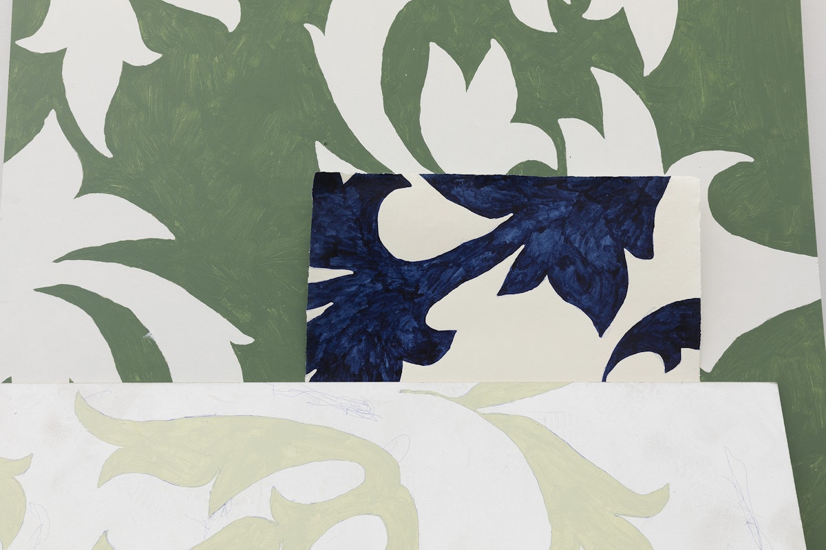 Grace Culley, leaves (detail), 2026, acrylic paint, biro pen, graphite pencil on recycled MDF & shellac ink on cotton rag paper, dimensions variable, Get Away, Gertrude Glasshouse, Naarm, Melbourne, 2026, image courtesy and © the artist, photograph: Christian Cappurro